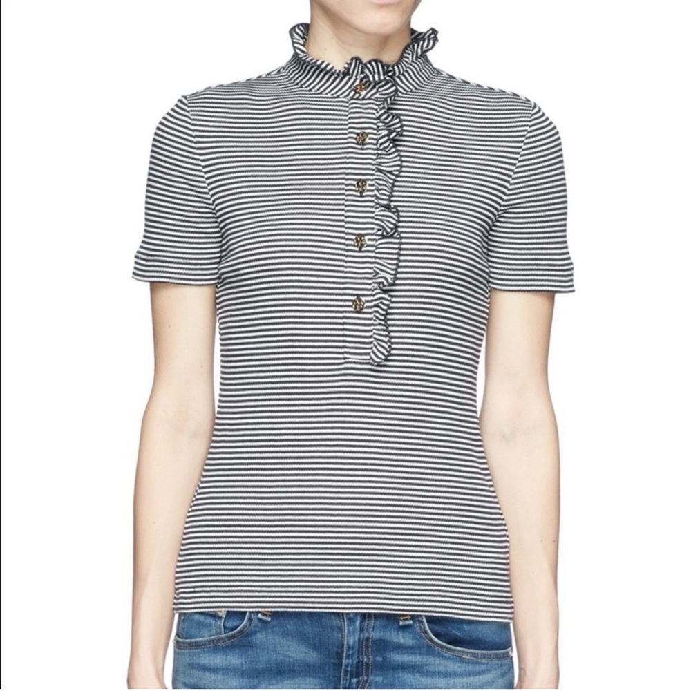 Tory Burch Lidia Ruffle Trim Striped Polo Preppy - Small - EUC